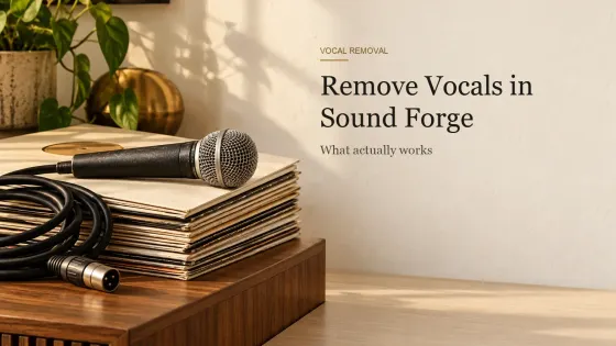 An unplugged vocal microphone lying on a stack of vinyl records in cream sleeves on a walnut sideboard.