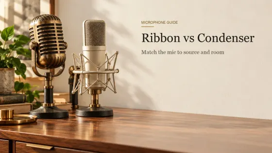 A brass-grilled ribbon microphone and a cream large-diaphragm condenser in a shock mount on a walnut sideboard.