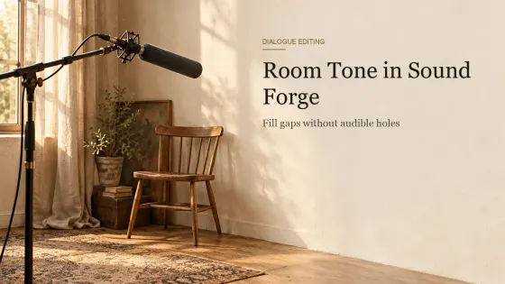 A shotgun microphone on a boom stand aimed into an empty room corner with an oak chair, a linen curtain and a rug.