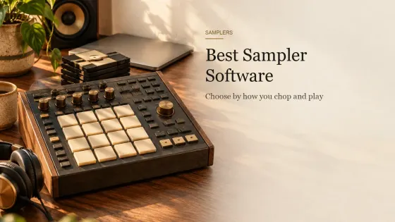 A hardware sampler with cream rubber pads and brass knobs on a walnut desk beside floppy disks and a closed laptop.
