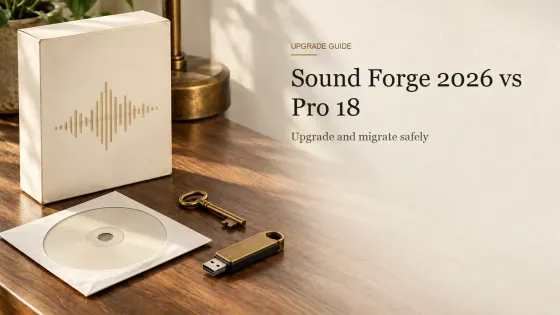 A plain cream software box and a disc sleeve beside a brass key and a compact USB drive on a walnut desk.
