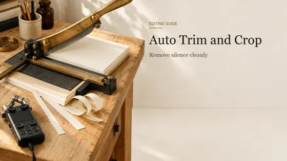 A brass-armed paper trimmer with cream offcut strips and a small field recorder on a maple workbench.
