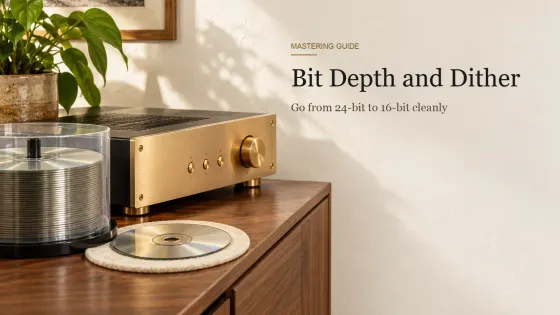 A spindle of blank CDs beside a brass converter unit, with one disc on a cream felt mat on a walnut sideboard.