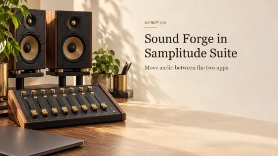 An eight-fader control surface with brass-capped faders beside a closed laptop and studio monitors on a walnut desk.