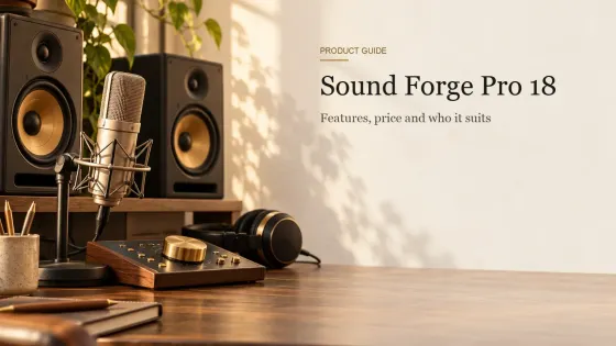 A brass-knobbed monitor controller, a condenser microphone on a short stand and nearfield monitors on a walnut desk.