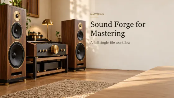 Two tall walnut-cabinet monitors on an oak floor beside a low mastering desk with a stepped brass attenuator knob.