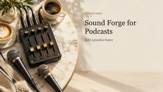 A portable podcast recorder with brass faders, two handheld dynamic microphones and two coffee cups on a marble cafe table.