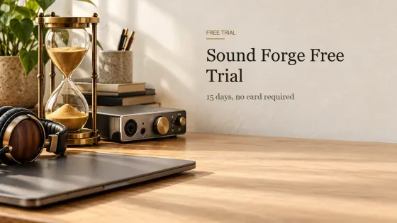 A brass hourglass with honey-colored sand beside a closed laptop and a compact audio interface on an oak desk.