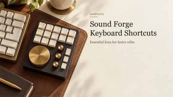 An editing keypad with a large brass jog wheel and blank cream keys beside a keyboard on a leather desk mat.