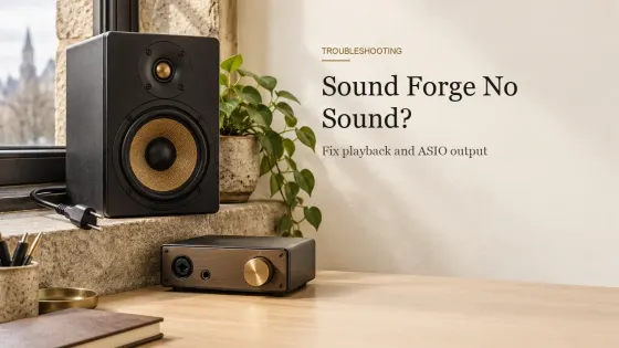 A studio monitor with its power cable unplugged beside an audio interface with the output knob turned down on a stone windowsill.