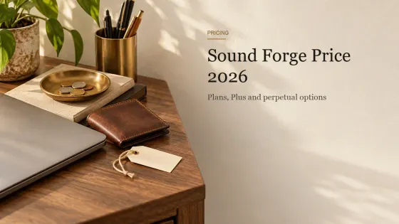A brass coin dish, a blank cream price tag and a leather wallet beside a closed laptop on a walnut desk.
