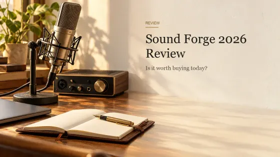 A condenser microphone, an audio interface, a closed laptop and an open leather notebook with a brass fountain pen on a walnut desk.