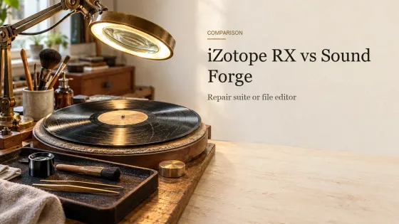 Brass tweezers, a small brush and a jeweler's loupe under a magnifying lamp beside a scratched lacquer disc on a workbench.