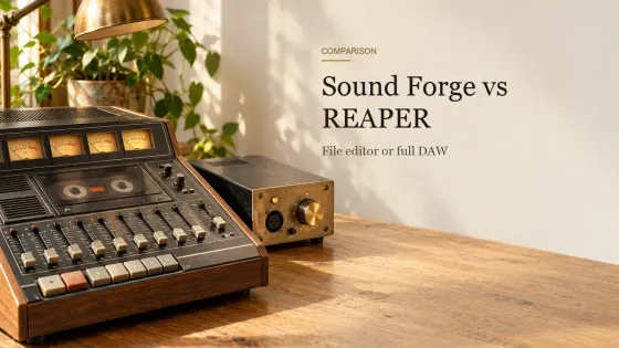 A vintage cassette multitrack recorder with eight faders beside a single-channel microphone preamp on an oak desk.