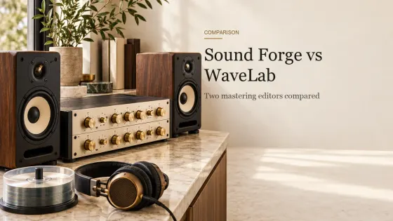 A two-channel mastering equalizer with brass stepped knobs between compact monitors and a spindle of blank CDs on a marble counter.