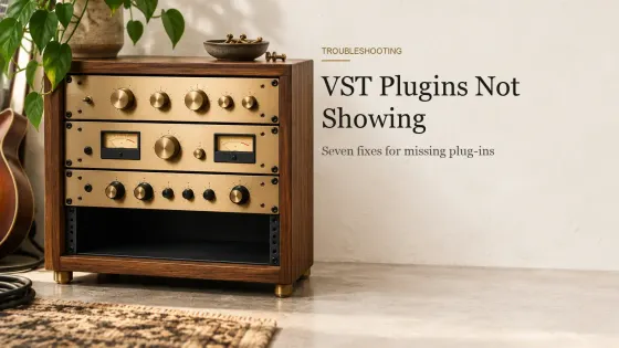 A wooden rack case holding three brass-faced units and one empty slot, with rack screws in a dish on top.