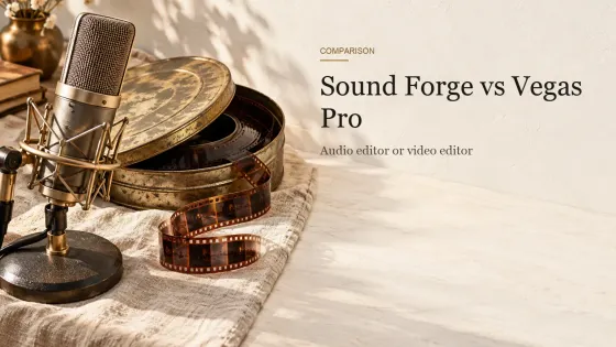 A metal film canister with a loop of 35 mm film beside a large-diaphragm microphone on a linen tablecloth.