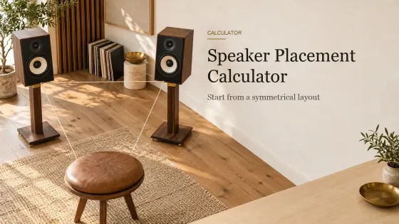 Two studio monitors on walnut stands angled inward on an oak floor, with a cream string stretched toward a low stool.