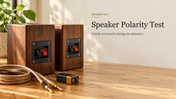 Two walnut bookshelf speakers turned to show their rear terminals, with brass-tipped speaker cable and a 9-volt battery on an oak desk.