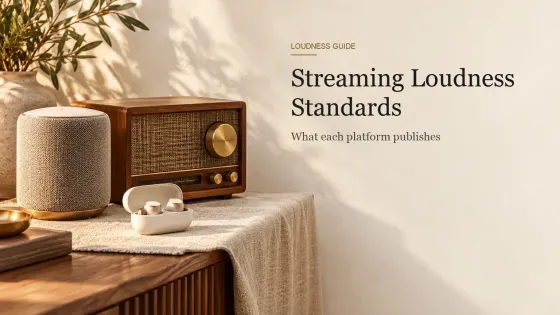 A fabric smart speaker, a walnut table radio and wireless earbuds in an open case on a linen-covered sideboard.