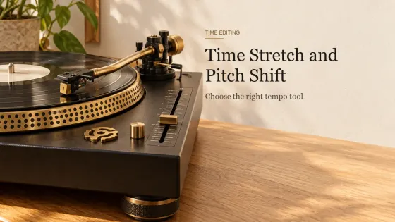 Close view of a turntable with a long pitch slider, a strobe-dot platter and a 45 rpm adapter on an oak desk.
