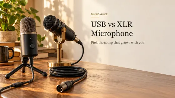 A USB desktop microphone on a tripod and an XLR dynamic microphone on a brass stand, with their cables across a walnut desk.