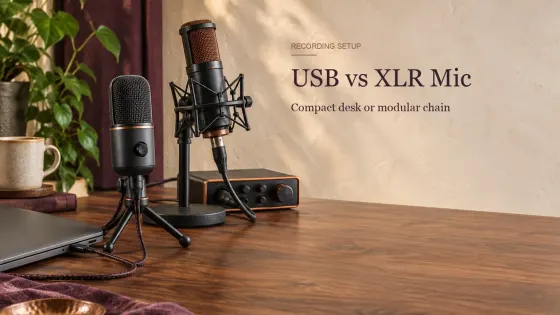 USB microphone cabled to a closed laptop beside an XLR microphone connected to a small audio interface