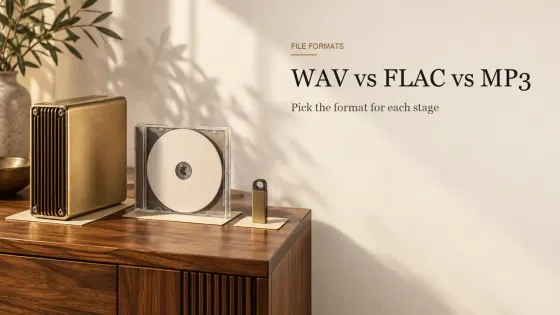 A brass-cased hard drive, a blank CD in a jewel case and a small flash drive on cream cards on a walnut sideboard.