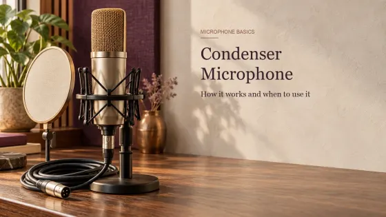 Large-diaphragm condenser microphone in a shock mount with a pop filter and coiled XLR cable on a walnut desk
