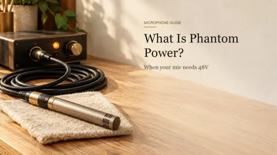 A pencil condenser microphone on a felt mat connected by a coiled XLR cable to a small preamp with an amber indicator lamp.
