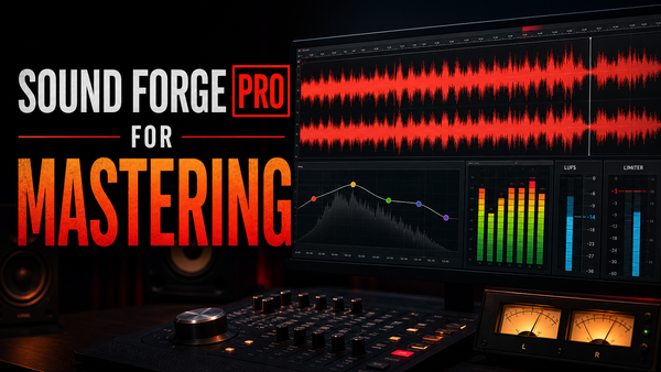 Sound Forge Pro for Mastering editorial cover with waveform, LUFS meters, EQ curve, and limiter display