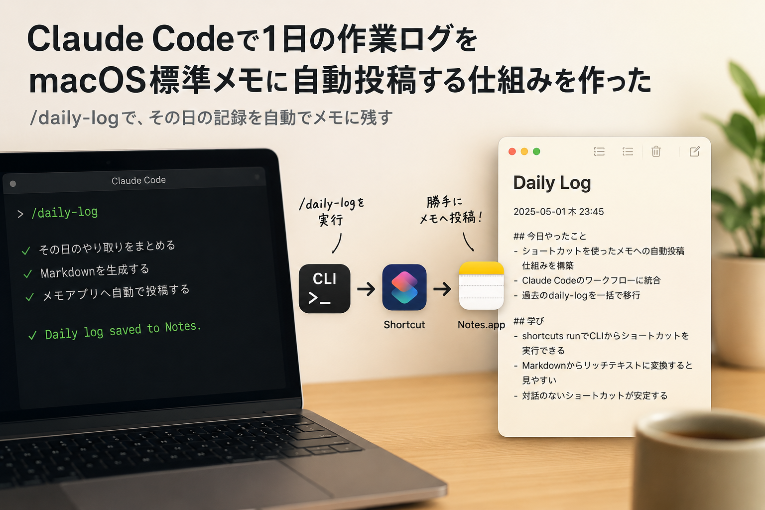 Claude Codeで1日の作業ログをmacOS標準メモへ自動投稿する仕組みを作った