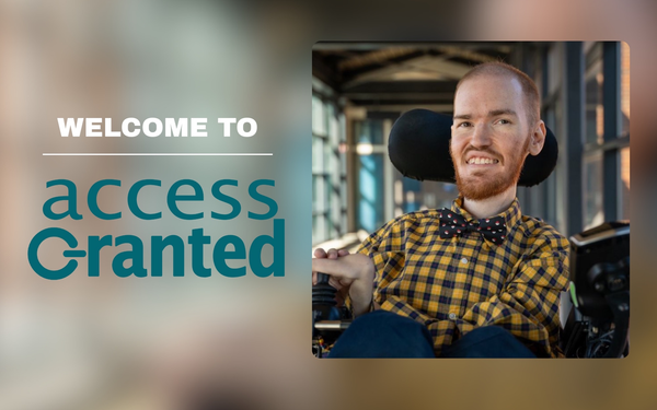 An image of me wearing a checkered shirt with a Pokéball bowtie. I am smiling at the camera. To the left are words that read "Welcome To Access Granted."