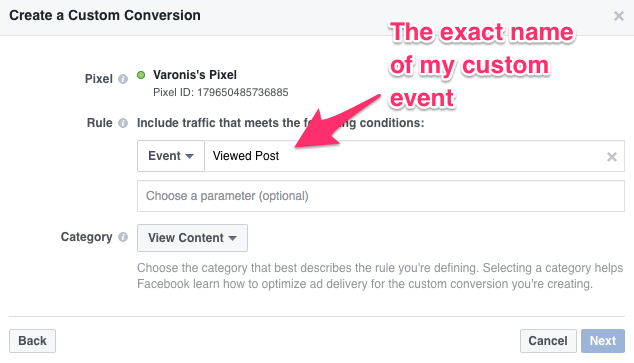 Mapping a Custom Event to a Custom Conversion in Facebook