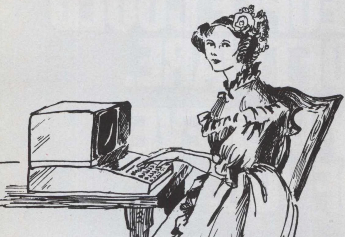 A drawing of Ada Lovelace at a computer.