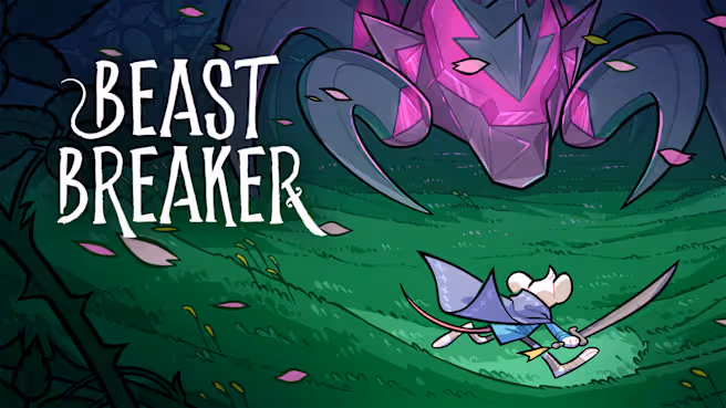 Skipper from Beast Breaker, a white anthropomorphic mouse in a blue tunic and cape, raising a sword and facing down a strange metallic Beast on a grassy field, next to the words BEAST BREAKER