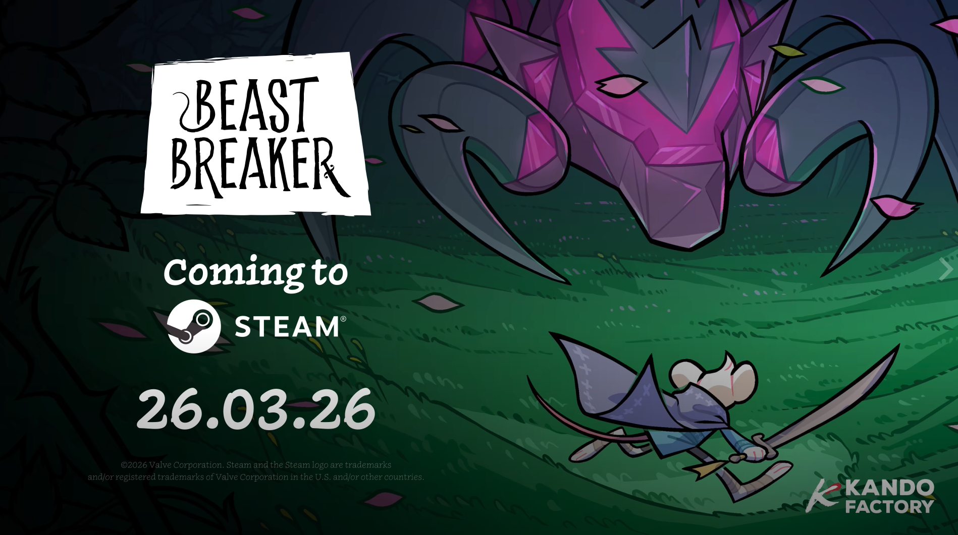 A small anthropomorphic mouse wearing a cape and tunic and holding a sword faces off against a looming, ominous Beast with an inorganic, mosaic-like appearance. The text reads "BEAST BREAKER: Coming to Steam 26.03.26" followed by a logo for the publisher, Kando Factory