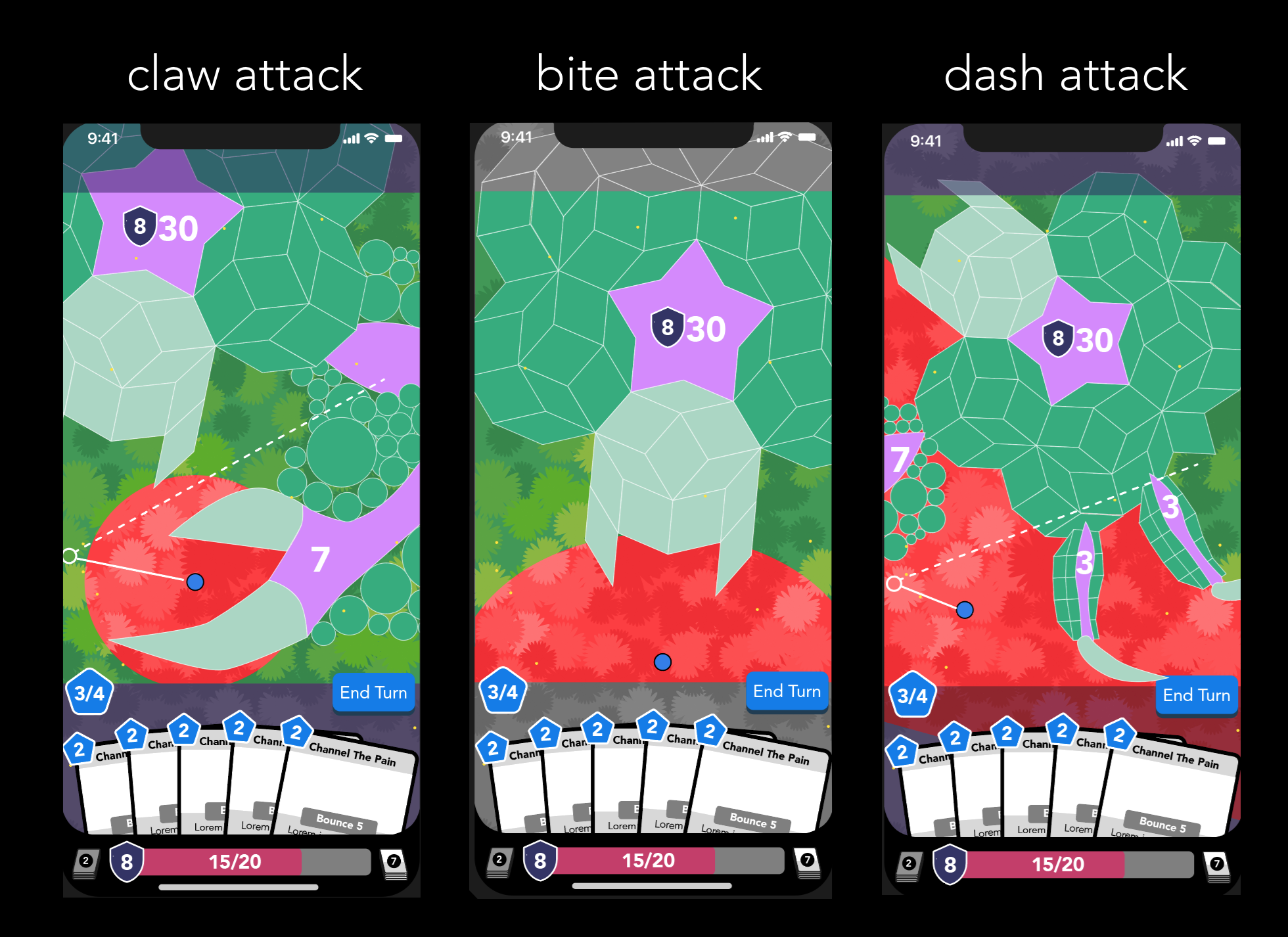 Three mockups of a mobile phone screen, showing a mosaic tile Beast in different poses labeled "claw attack," "bite attack," and "dash attack." There is a tiny blue circle representing the player, in a large red circle. At the bottom are some simple card mockups that say "Channel The Pain" and a health bar reading "15/20", with a blue "End Turn" button.