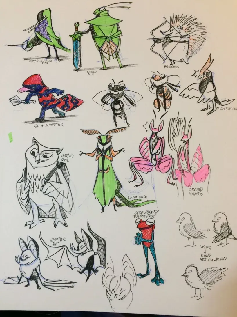 A sketchbook showing sketchy anthropomorphic versions of animals, each labeled: a "Costa's Hummingbird" with a rapier, a "Shield Bug" with a sword, a "Hedgehog" with a bow and arrow, a "Gila Monster" with a morning star, two posing bees, a happy "Cockatiel," a "Horned Owl" with a backpack, a graceful "Luna Moth," two surprised-looking sketches of an "Orchid Mantis," three mischevious-looking sketches of a "Vampire Bat," a simple "Strawberry Dart Frog," and a few sketches of a generic bird moving its wing around, labeled "Wing > Hand Articulation"