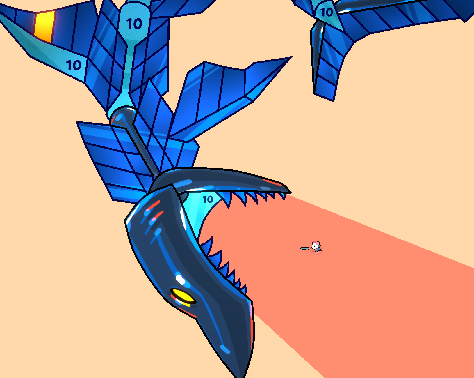 A stylized mouse facing off against a mosaic shark-like Beast, holding a sword, standing in a red cone emanating from the Beast's mouth