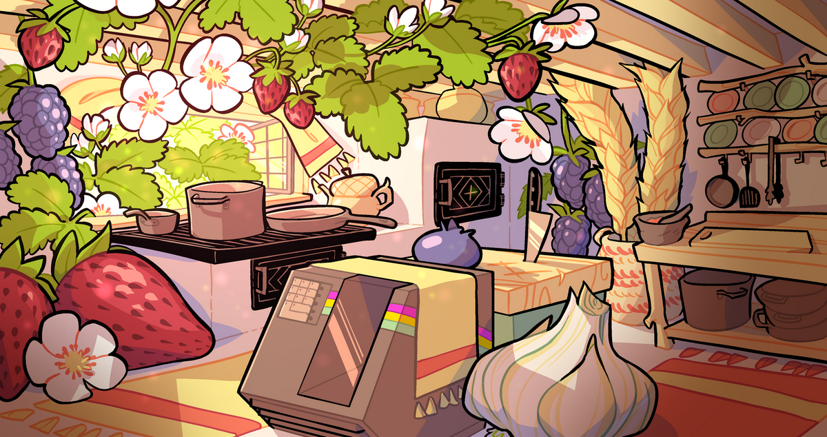 A cozy, rustic kitchen filled with normal-sized pots and pans. In contrast, giant strawberry and blackberry plants are growing in through the window, enormous stalks of wheat are leaning against the wall, a huge clove of garlic is propped like a seat next to the countertop, and a giant blueberry is on the cutting board, next to a normal-sized knife.