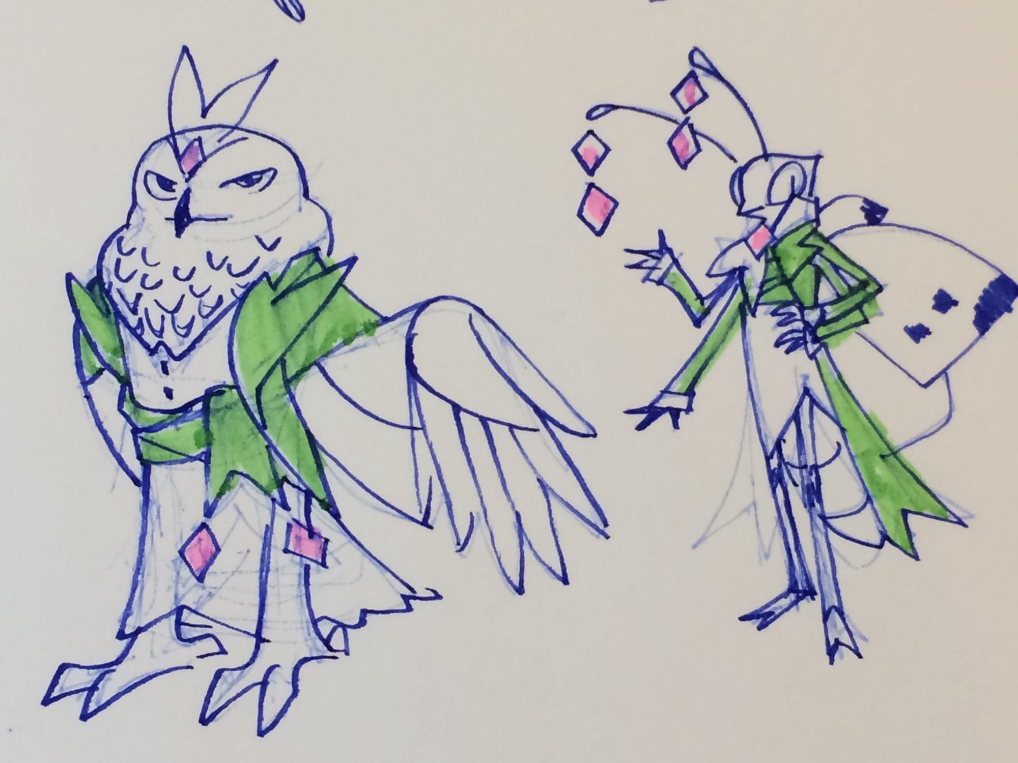 Two sketches of anthropomorphic creatures, one an owl and one a butterfly. Both wear similar green suits with pink diamond adornments.