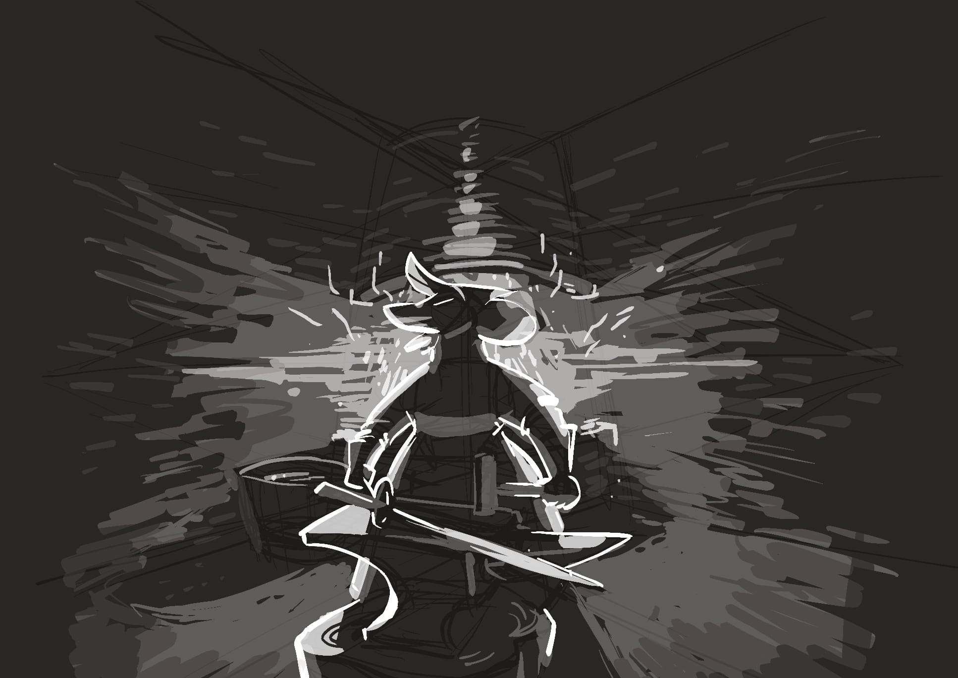 A dramatically-lit black-and-white sketch of an anthropomorphic rat wearing a kerchief and dress, standing over an anvil, holding a hammer and sword