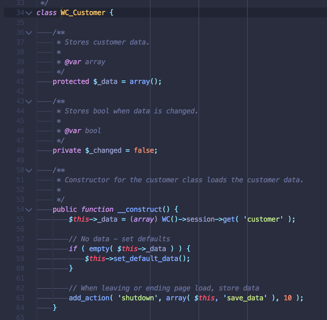 constructor function of WC_Customer gets its content from a session or if that’s empty, loads the default