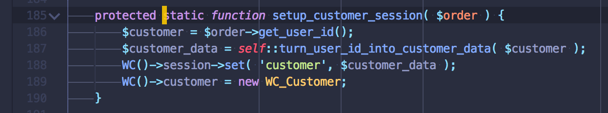 method to store customer data in session and instantiate a new WC_Customer instance