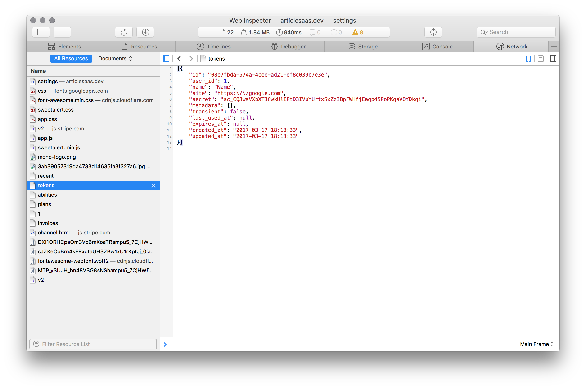 token property is missing from the tokens in the collection