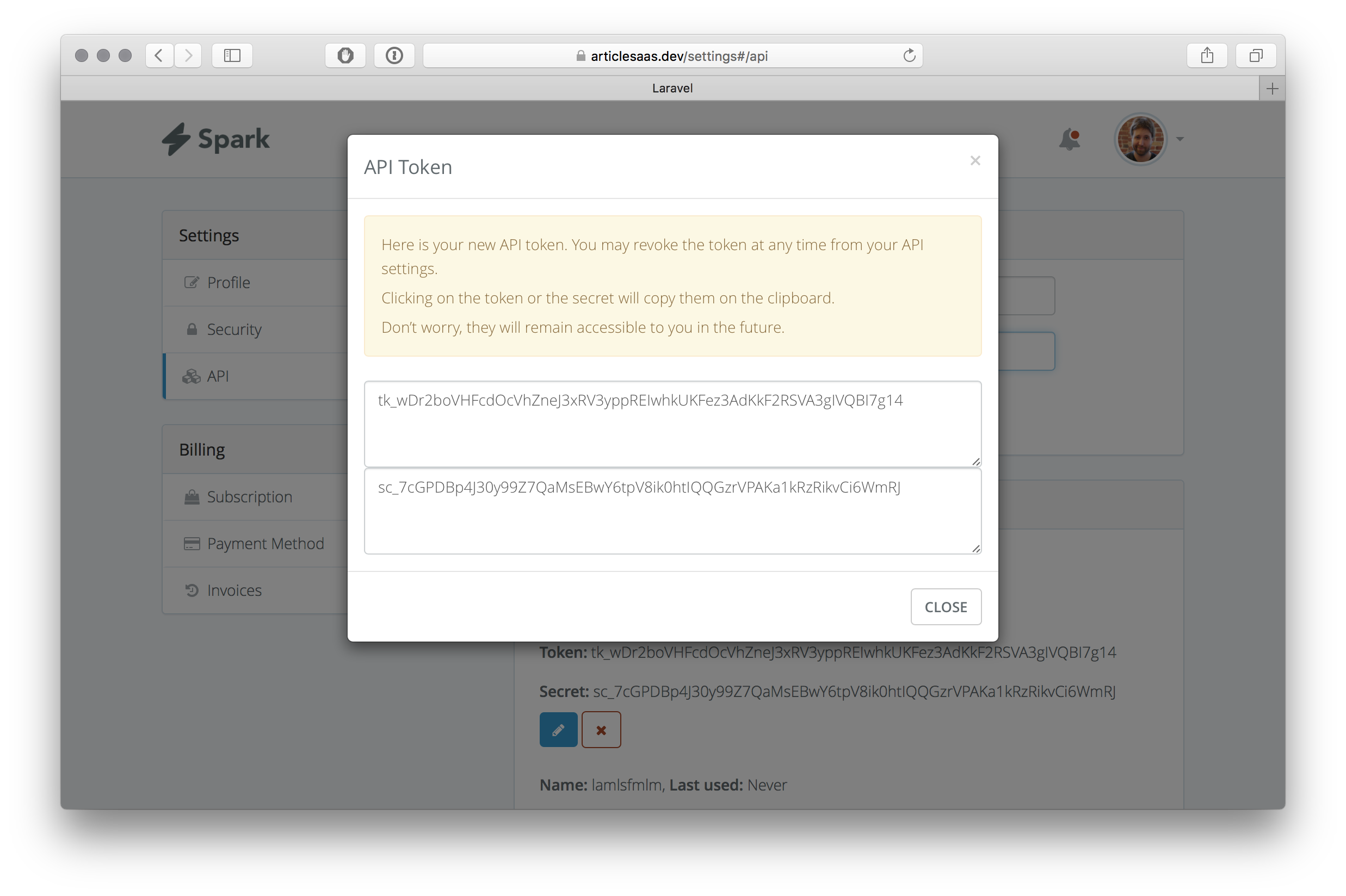 modal has token and secret too