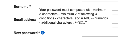 Screenshot of password rules: minimum 8 characters, minimum 2 of the following 3 conditions: characters, numerics, additional characters.