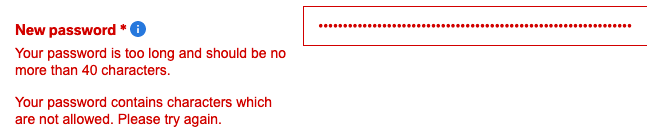 Screenshot of password field with 60 character long password in. It's wrong: too long, max 40 characters, and invalid symbols are also used.