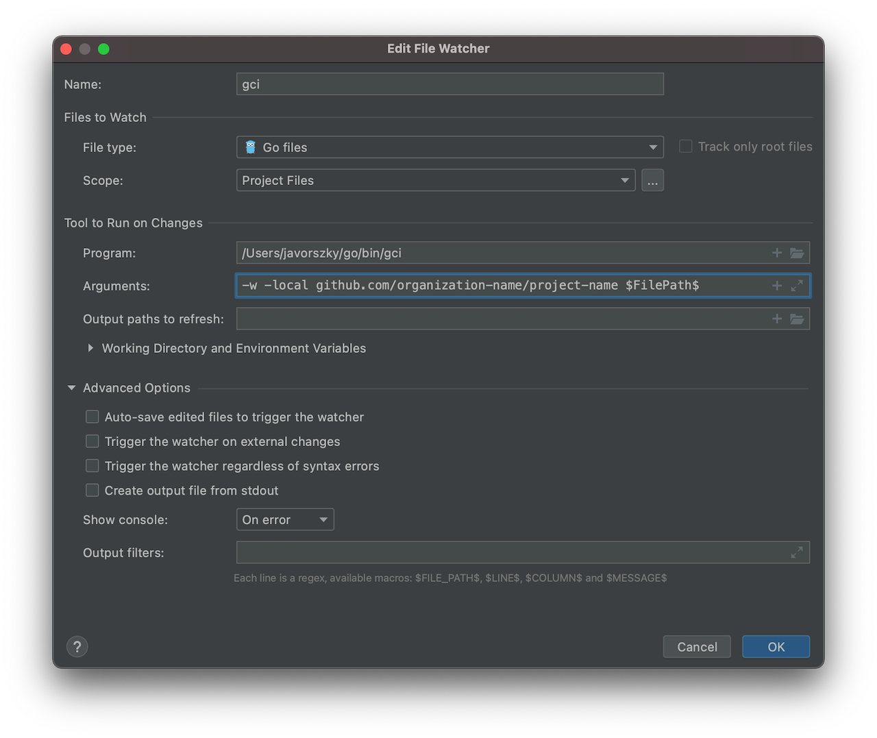 Screenshot of a file watcher setting in Goland, File Watchers. Contents follow in text.